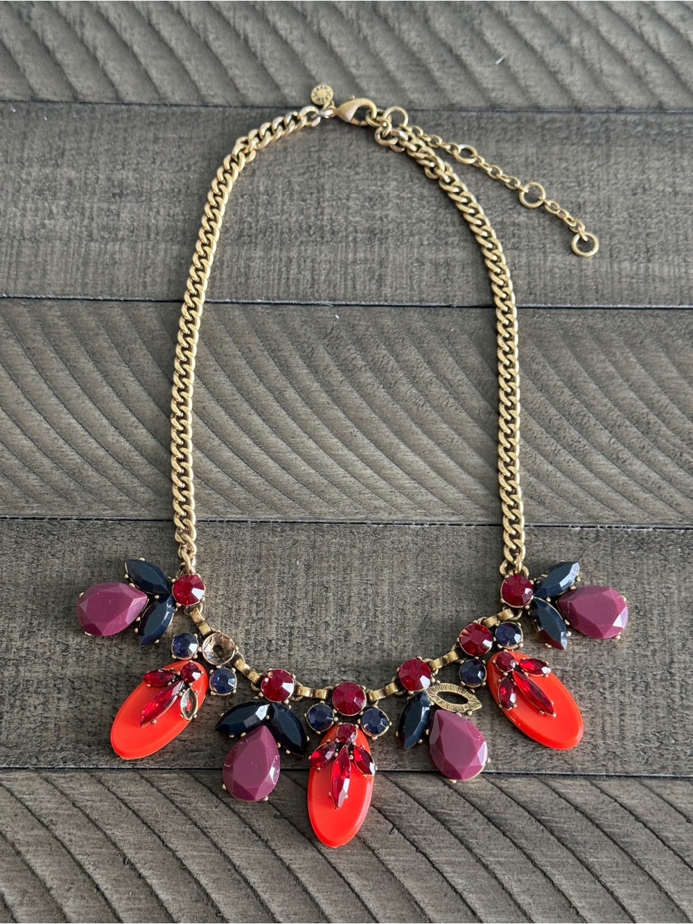 J.Crew Gold Tone Orange Purple Red Rhinestone Cluster Statement Collar Necklace